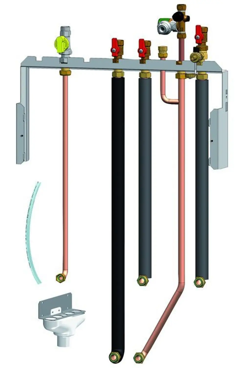 Remeha Anschlussverrohrung mit mehreren Rohren, Ventilen und Anschlussanschlüssen, optimiert für dieInstallation von Heizungsanlagen.